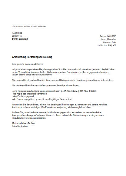 Musterbrief Einholung der Forderungsaufstellung