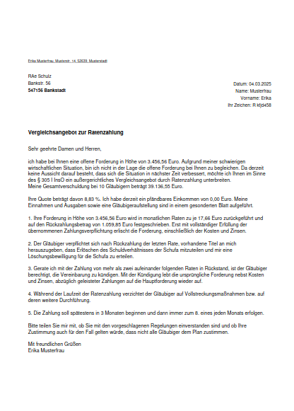 Musterbrief Außergerichtlicher Vergleich für Einmalzahlung oder Ratenzahlung